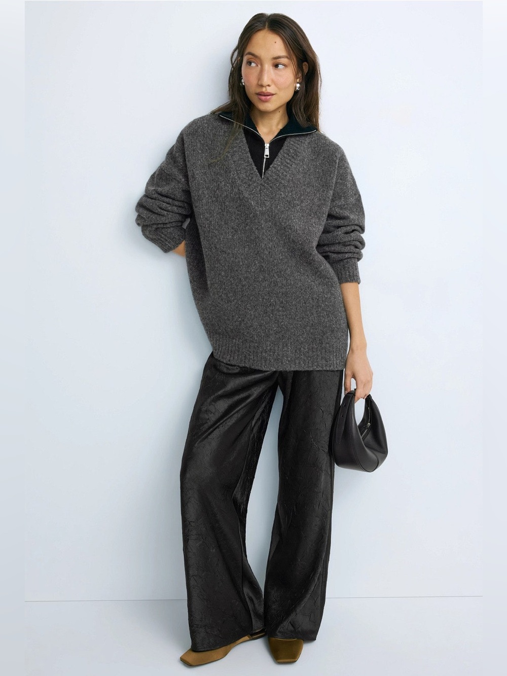 Nanushka Charcoal Gray V-Neck Half-Zip Sweater